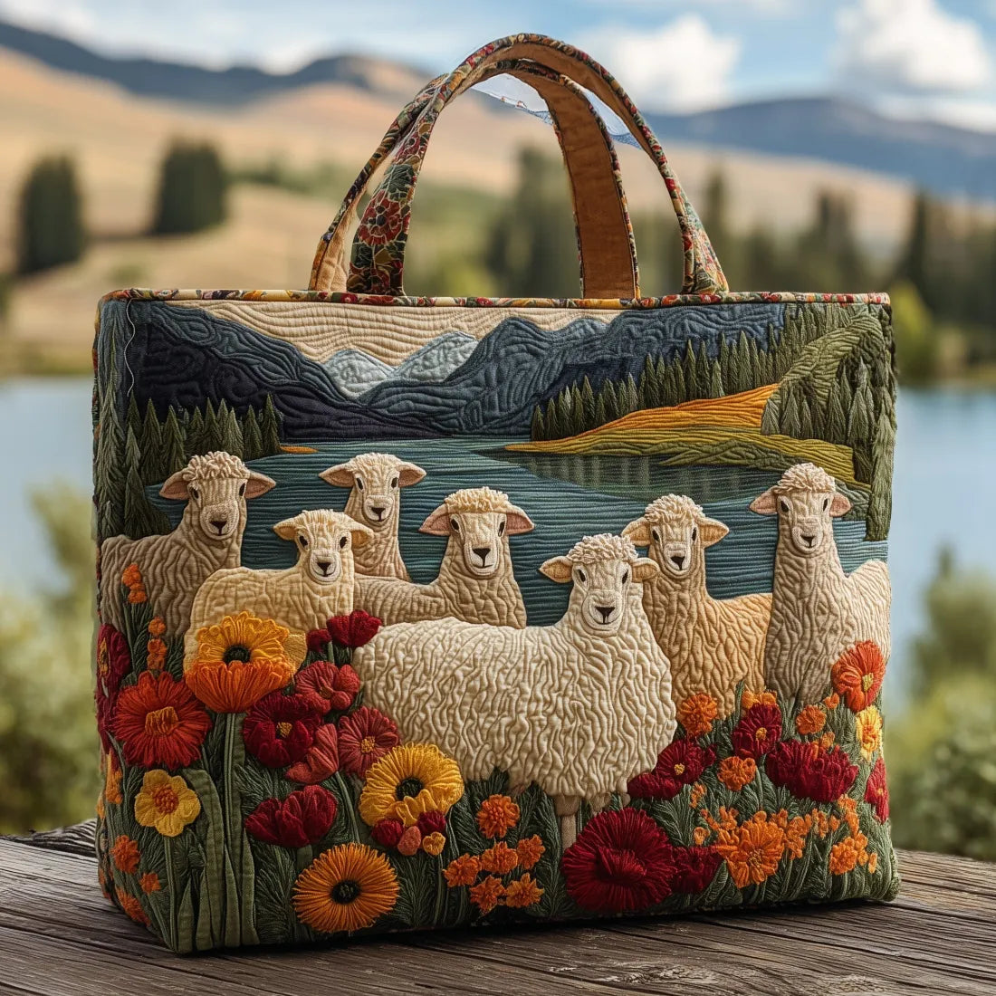 Ovejas in the Lake Quilted Tote Bag