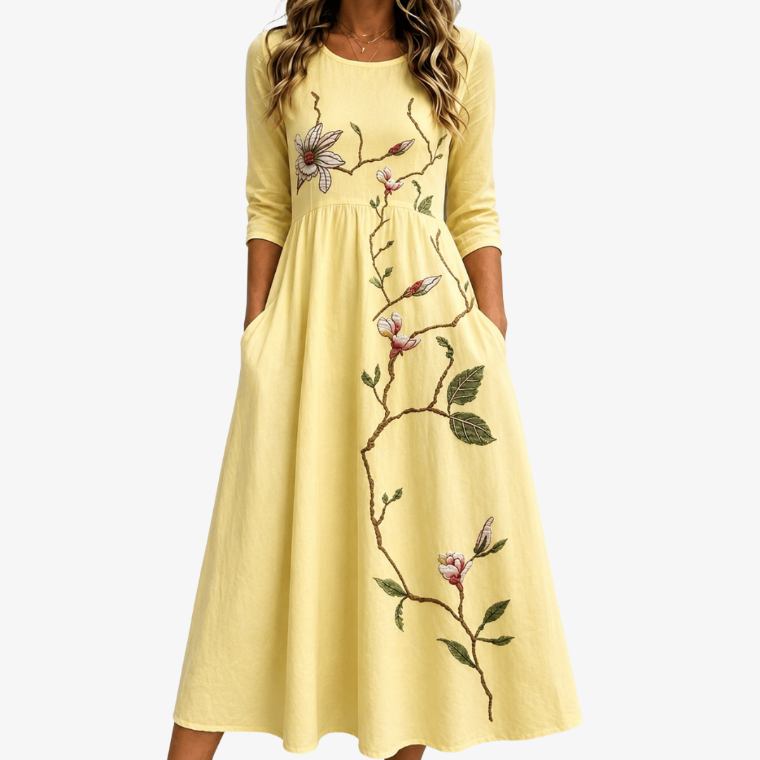 Golden Flower Midi Dress with Pockets