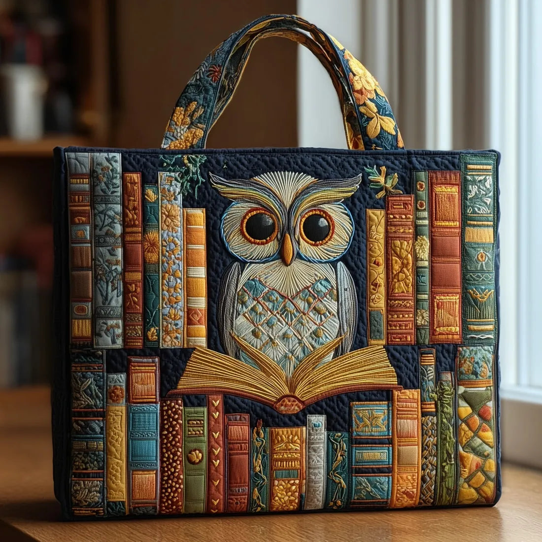 Owl Reader Among Ancient Books Quilted Tote Bag