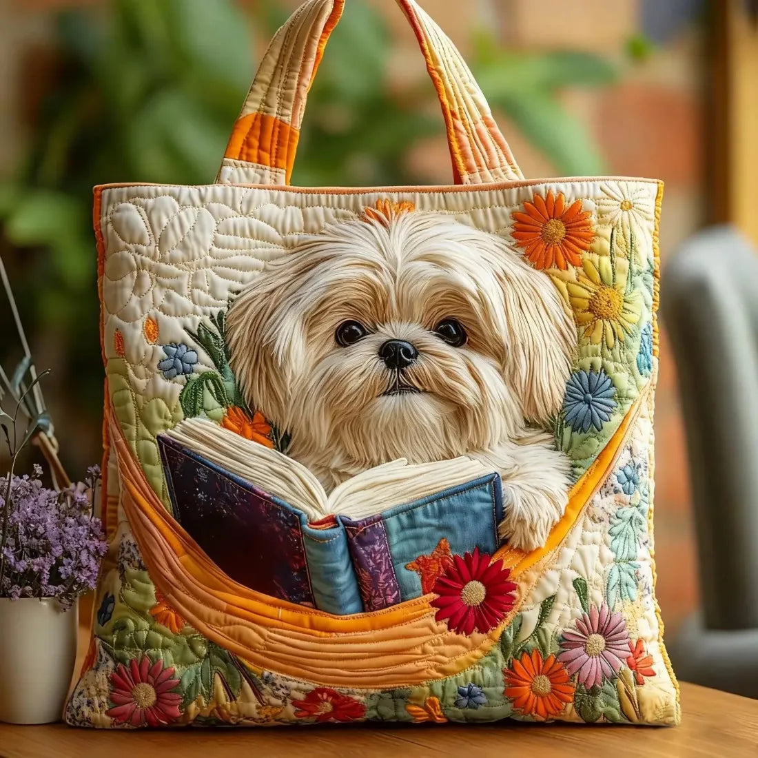 Shih Tzu with Book and Flowers Quilted Tote Bag
