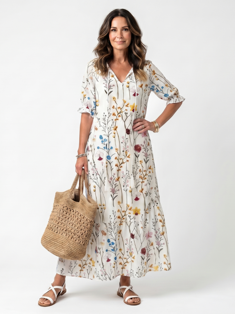 Sylvie | Midi Dress with Ties and Botanical Print