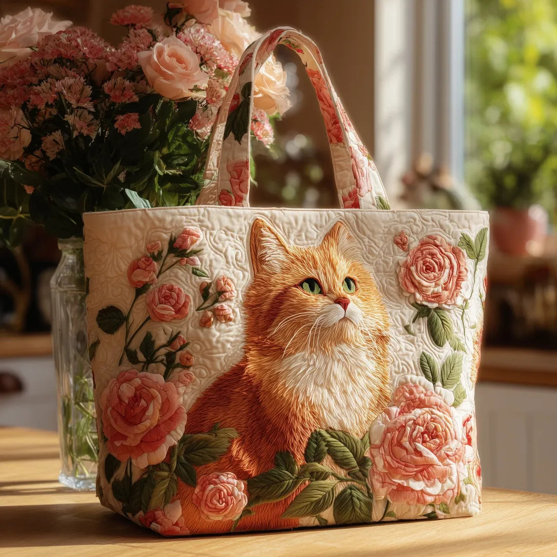 Cat with Pink Roses Quilted Tote Bag
