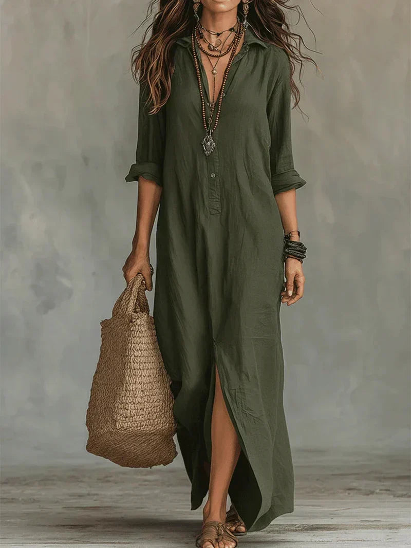 Black Flared Maxi Dress with Buttons