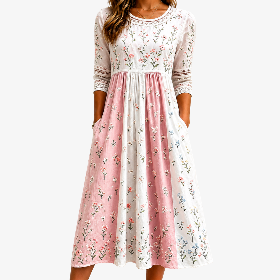Blush Meadow Patchwork Midi Dress with Pockets