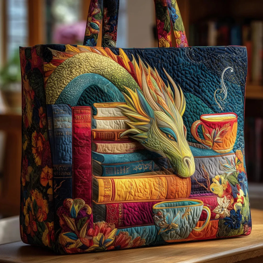 Dragon with Books and Mugs Quilted Tote Bag