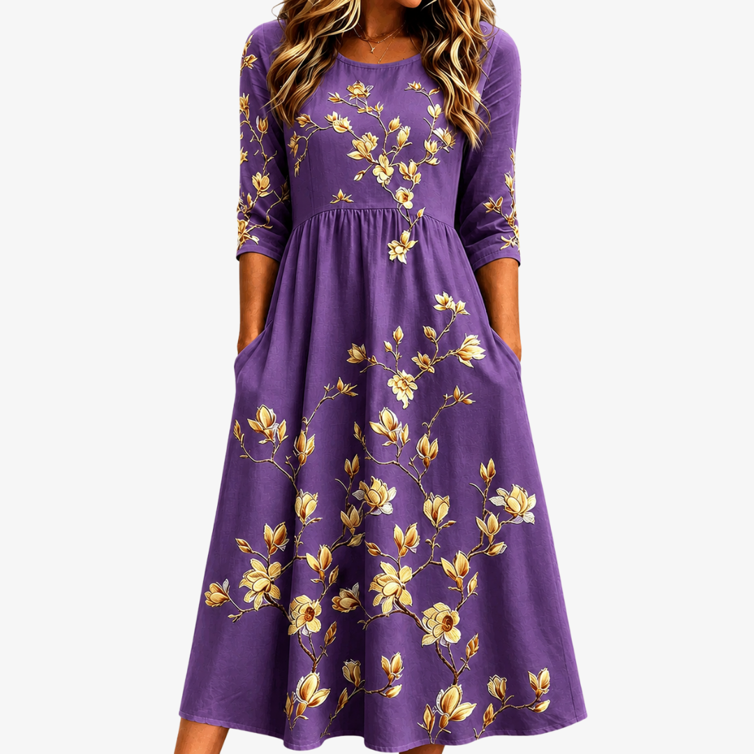 Golden Magnolia Charm Midi Dress