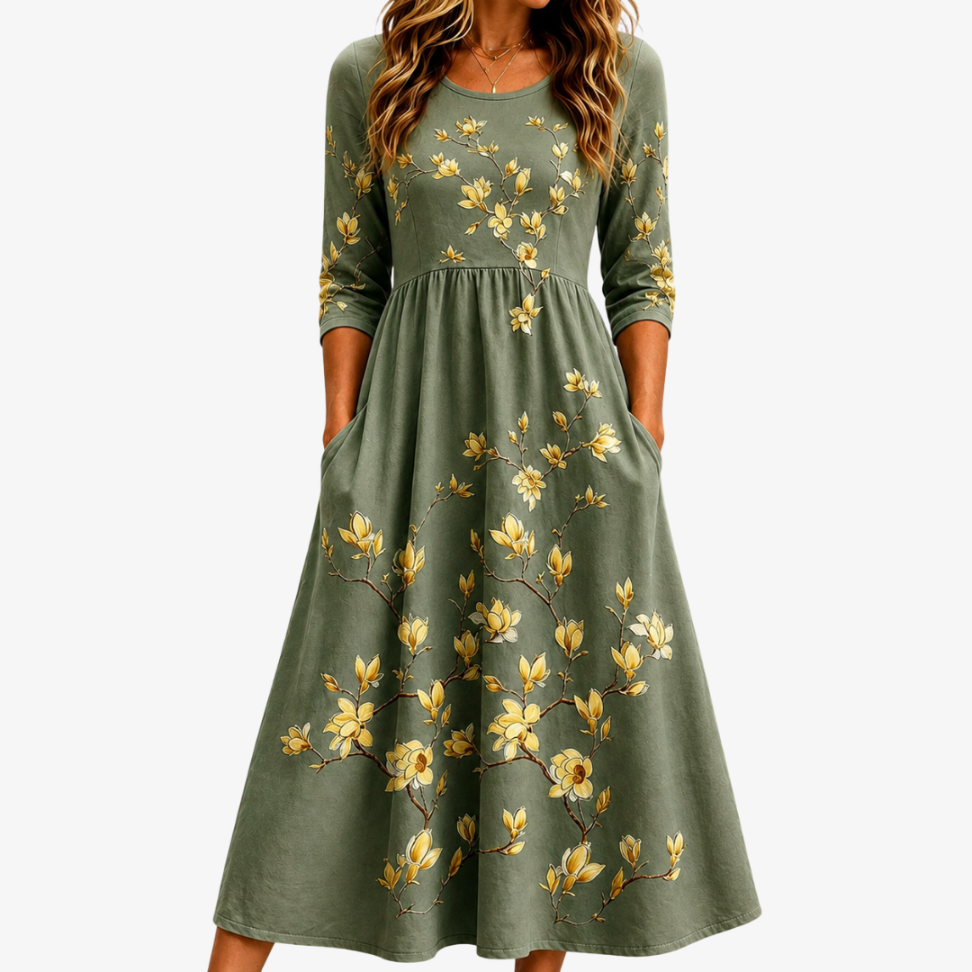 Grace Blossom Midi Dress in Sage with Pockets
