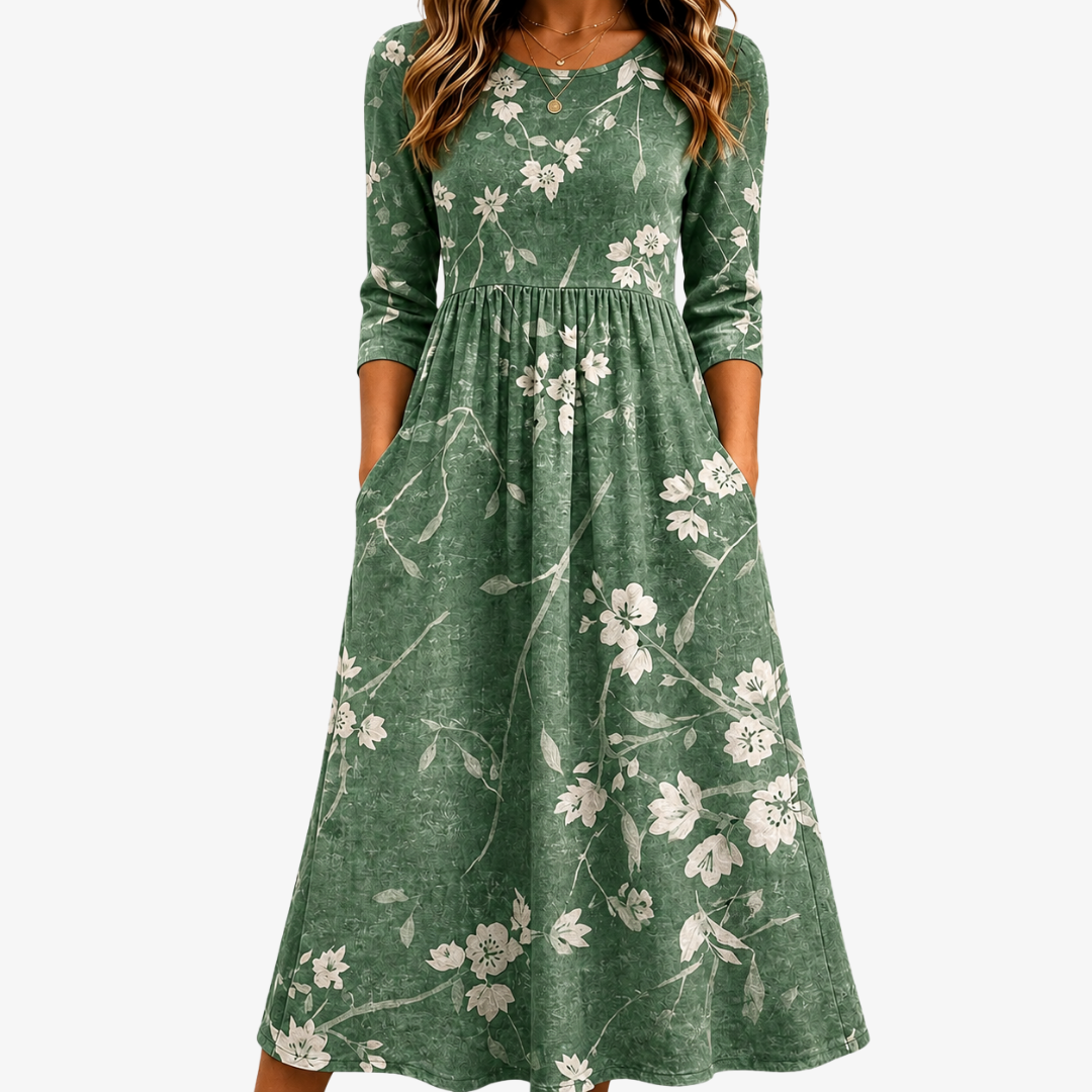 Relaxed Midi Dress Pocket Evergreen Bloom