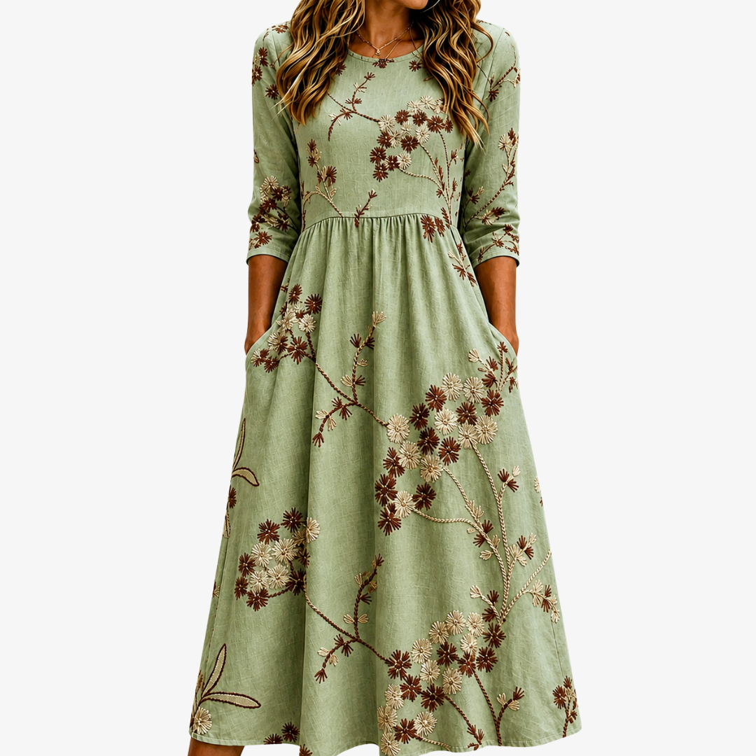 Sage Prairie Floral Midi Dress with Pockets