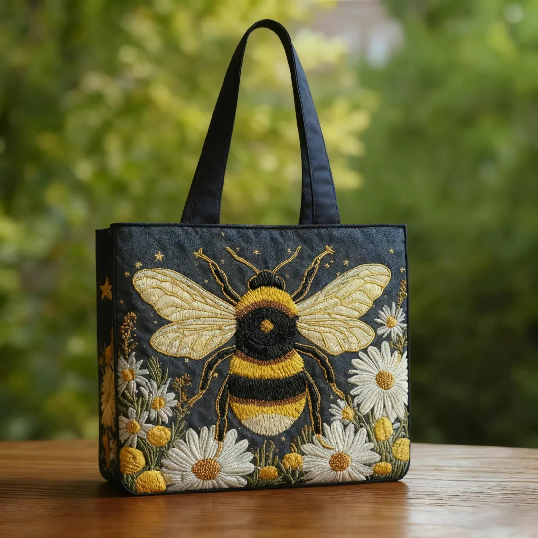 Bee with Daisies and Stars Quilted Tote Bag