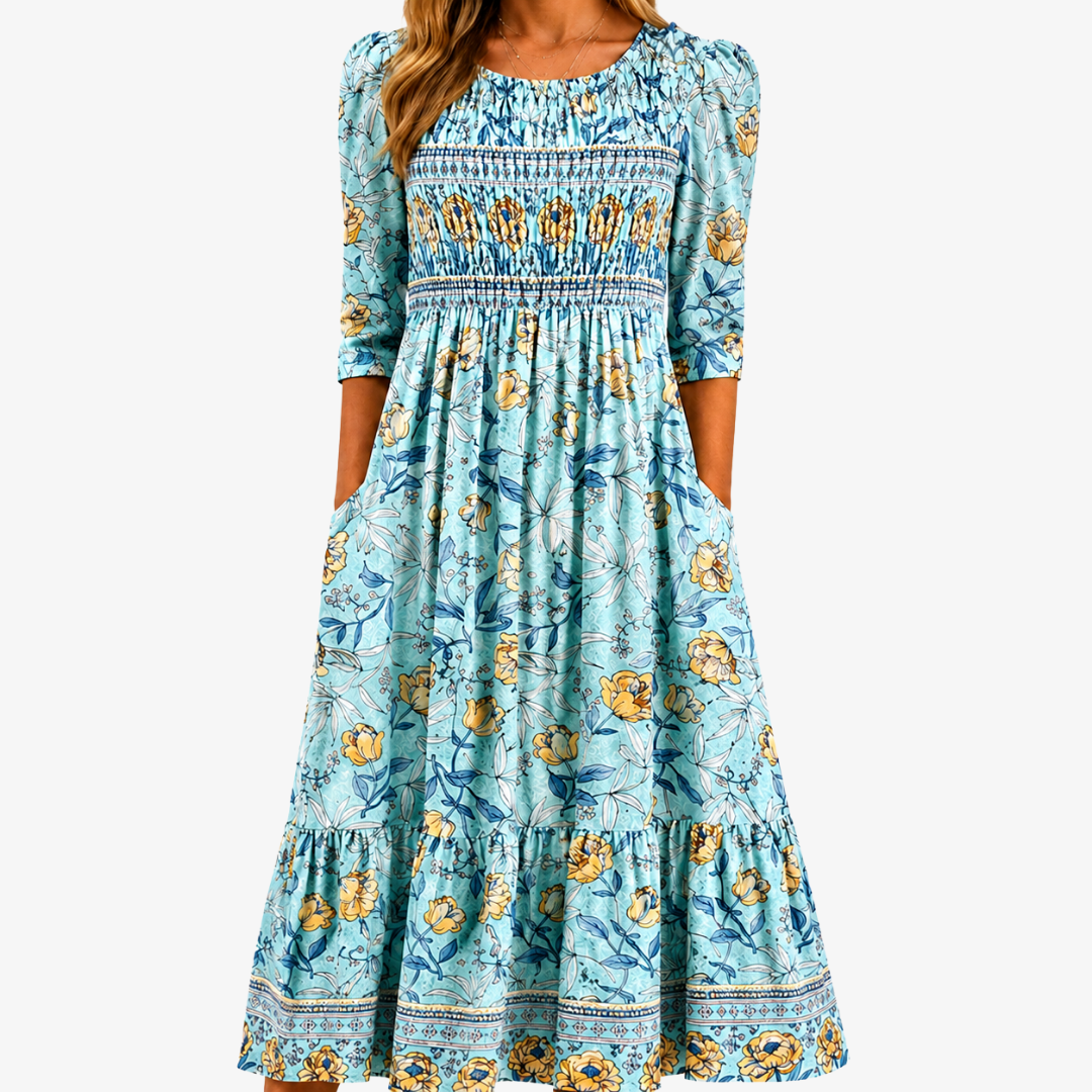Golden Bloom Gathered Midi Dress for the Garden