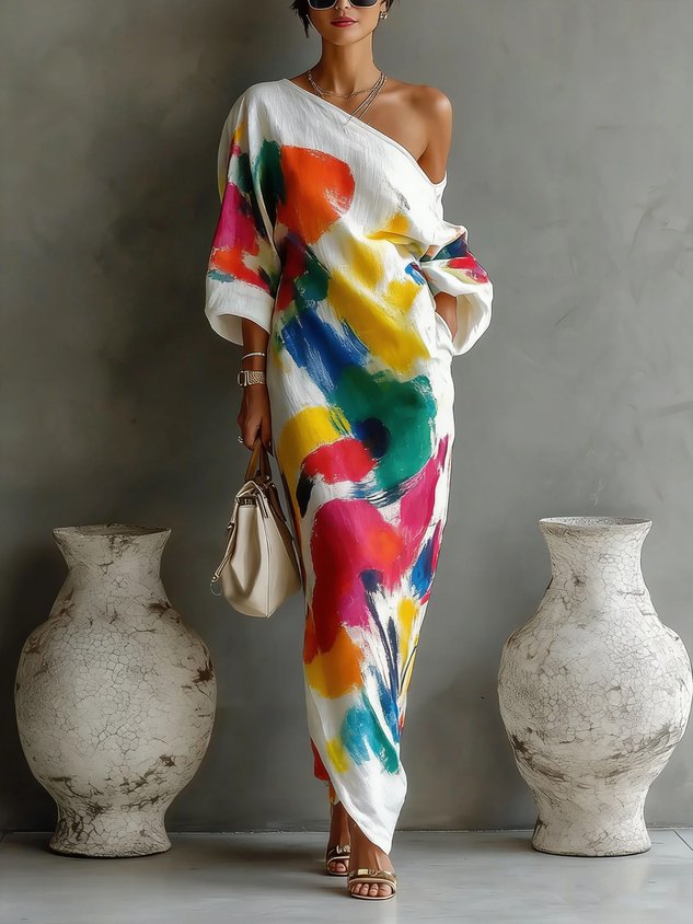 Abstract Printed One-Shoulder Maxi Dress