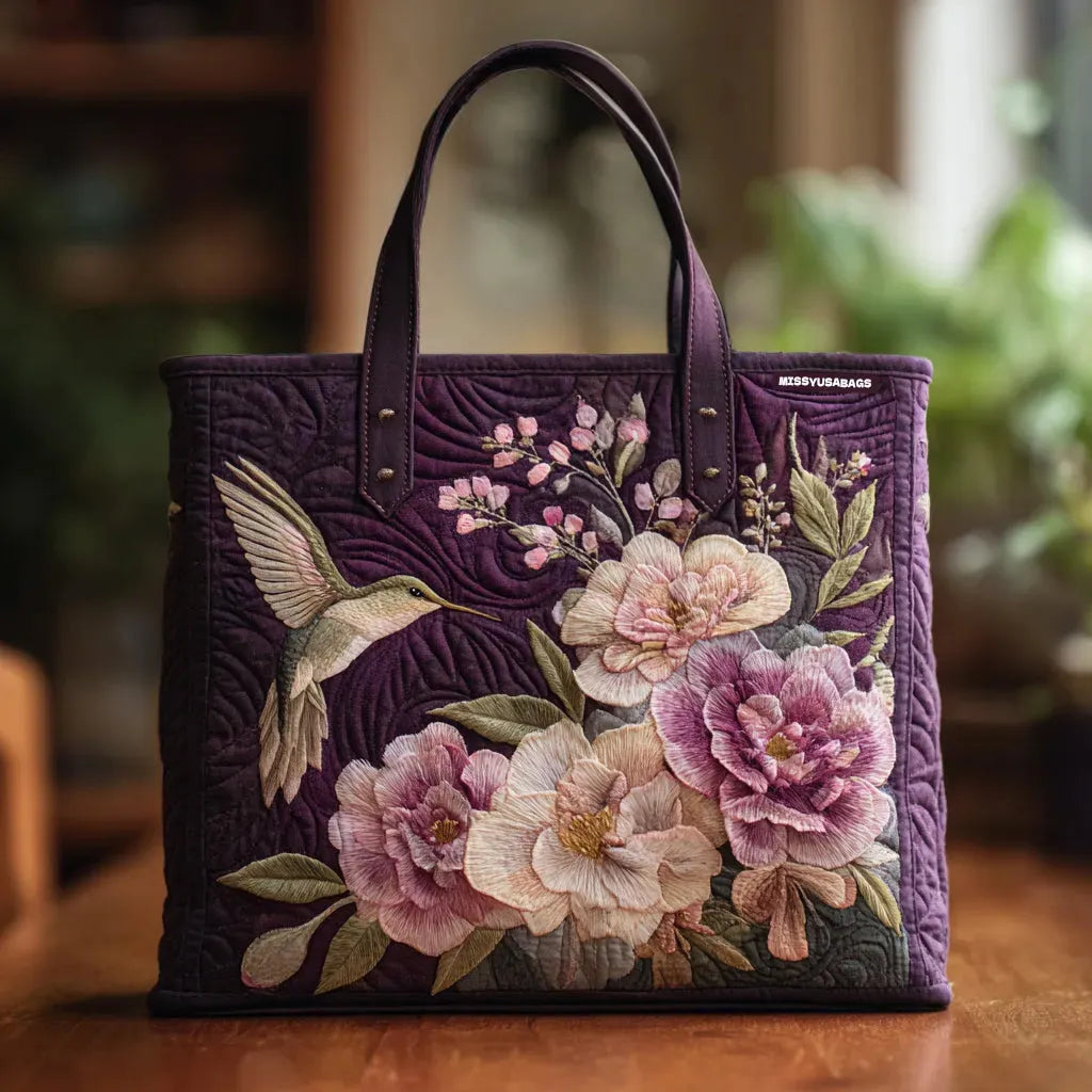 Violet with Hummingbirds and Orchids Quilted Tote Bag