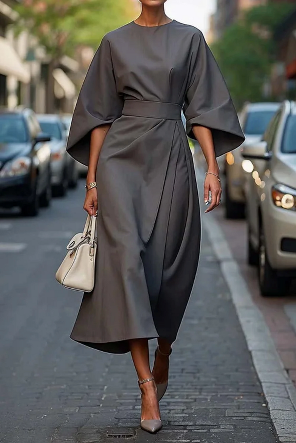 Elegant Lantern Sleeve Dress with Belt