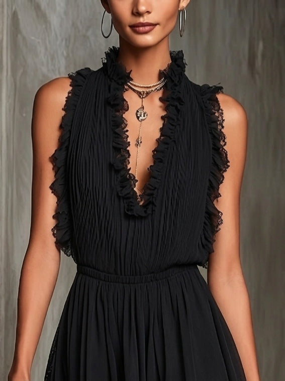 Black Pleated Chiffon Jumpsuit