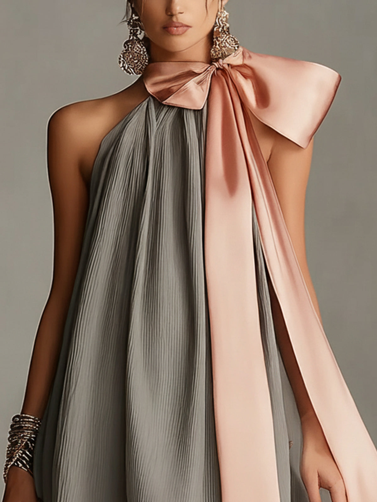 Mini Satin Dress with Lace Bow