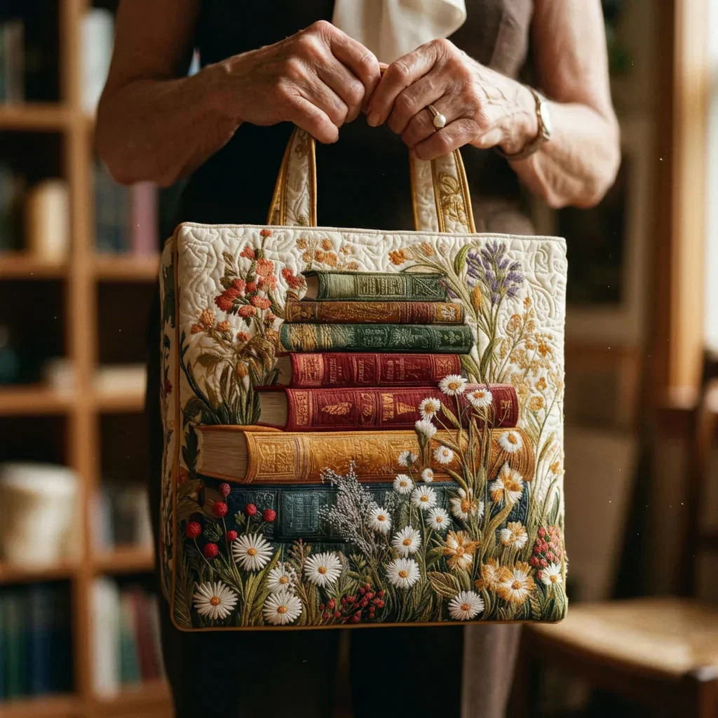 Floral Pattern with Books Quilted Tote Bag