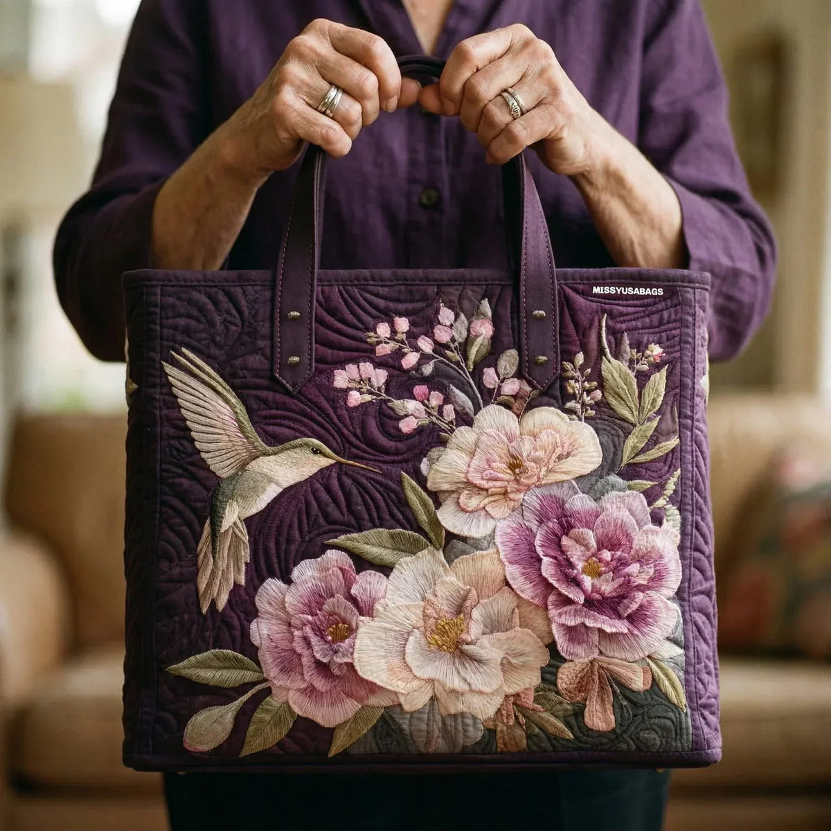 Violet with Hummingbirds and Orchids Quilted Tote Bag