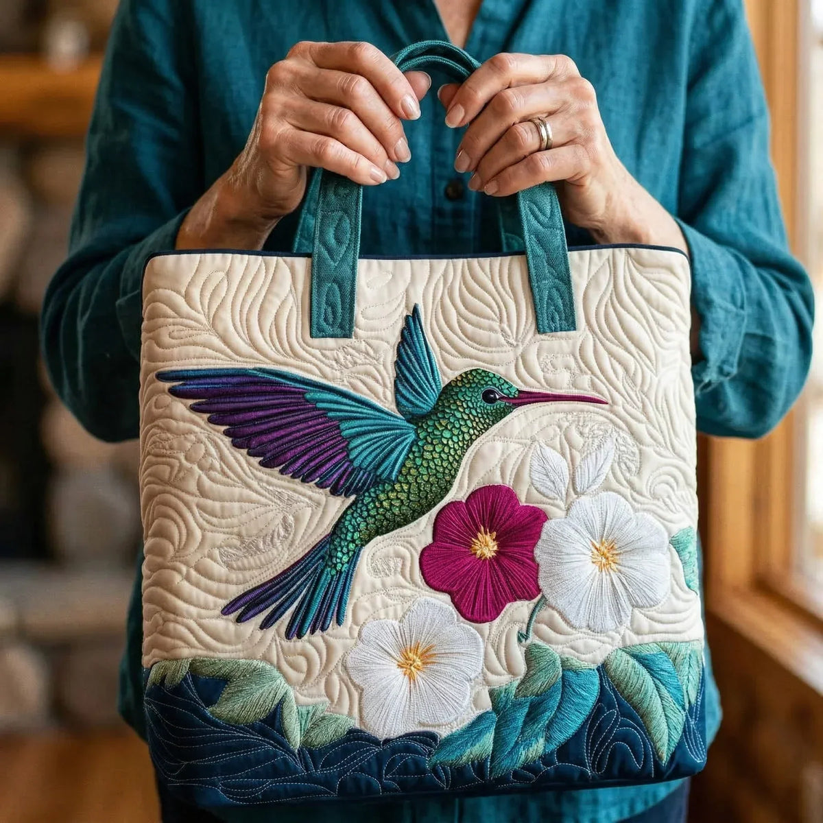 Padded White Flower Quilted Tote Bag