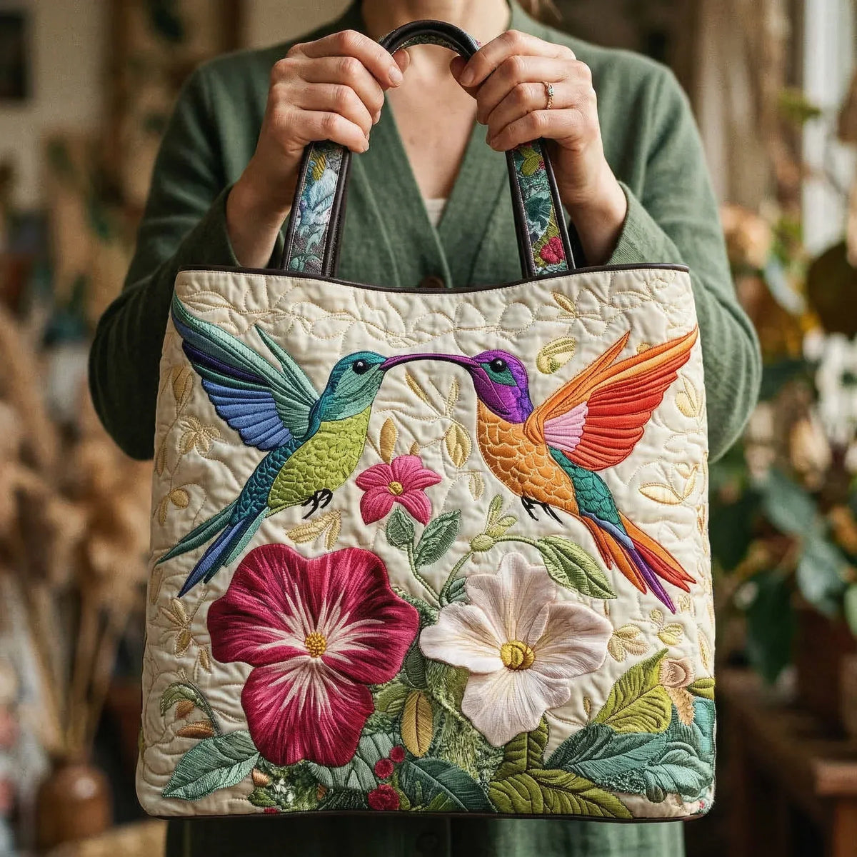 Padded Hummingbird Quilted Tote Bag