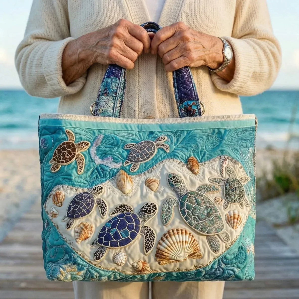 Turtle Embrace Quilted Tote Bag