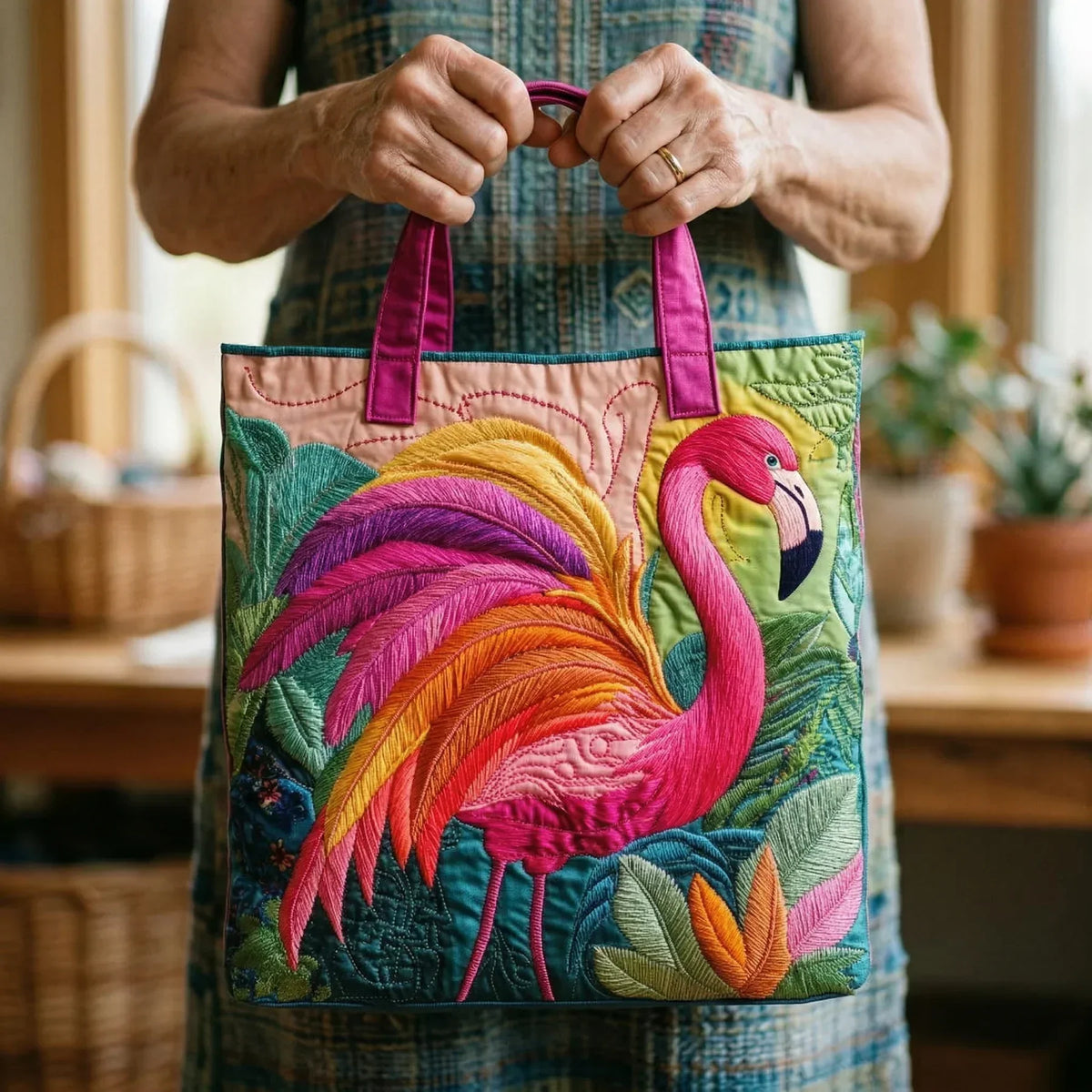 Flamingo Rainbow Quilted Tote Bag