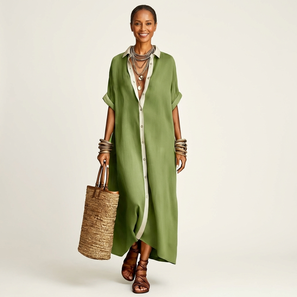 Maxi Shirt Dress with Contrasting Collar