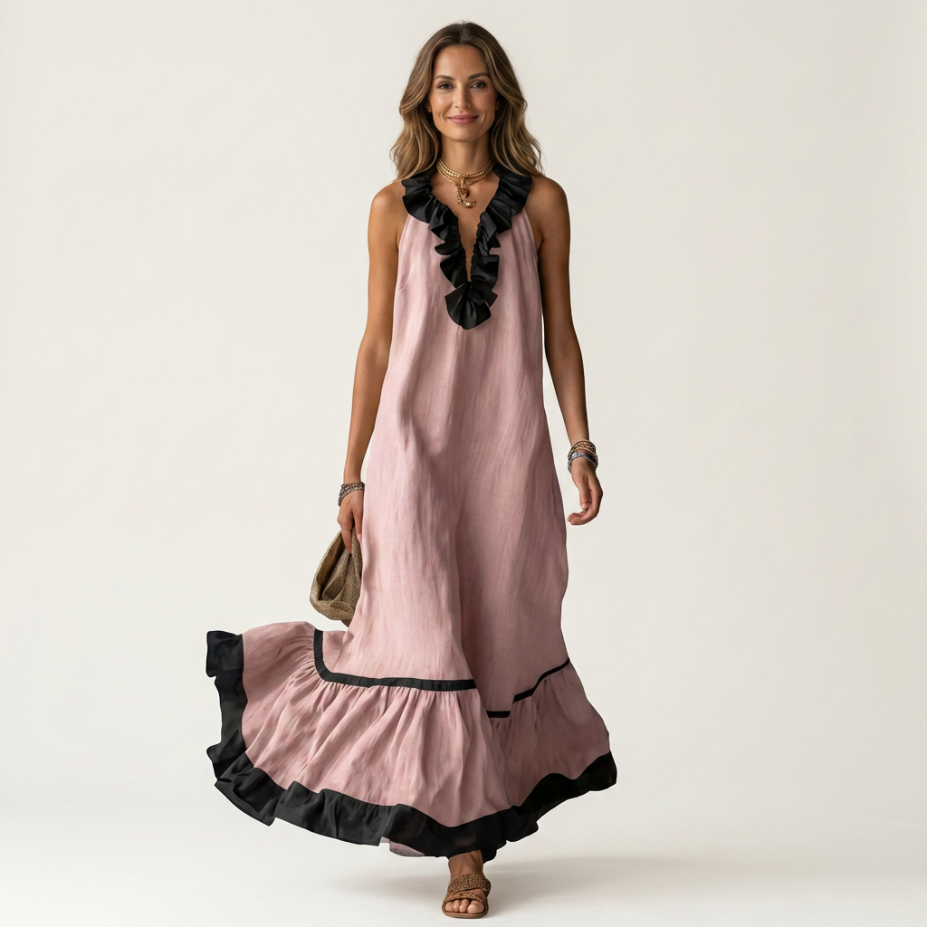 Sleeveless Maxi Dress with Ruffled Neckline