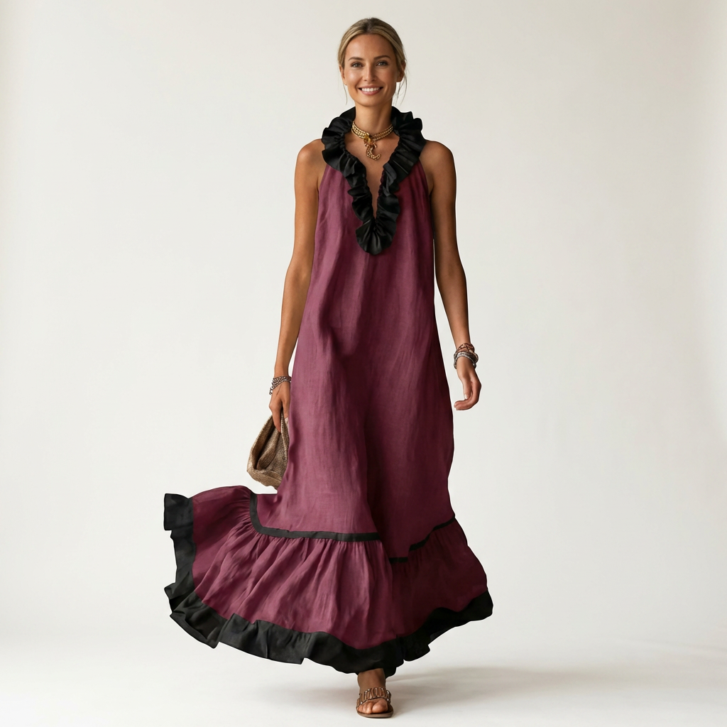 Sleeveless Maxi Dress with Ruffled Neckline