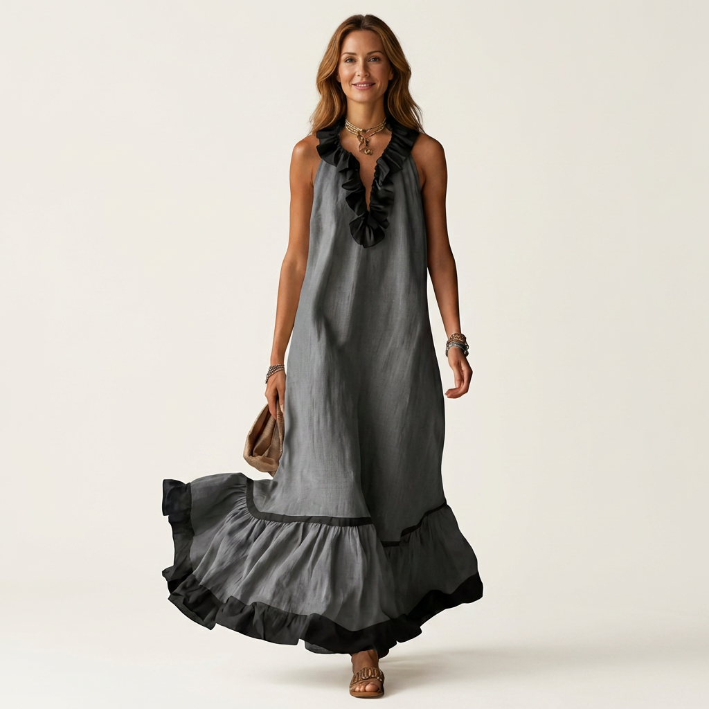 Sleeveless Maxi Dress with Ruffled Neckline