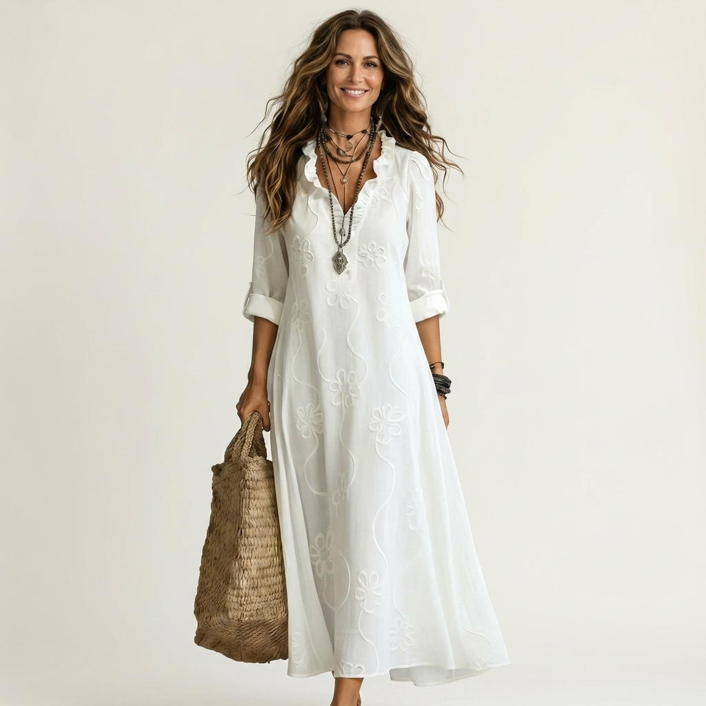 Maxi Embroidered Cotton-Linen Dress