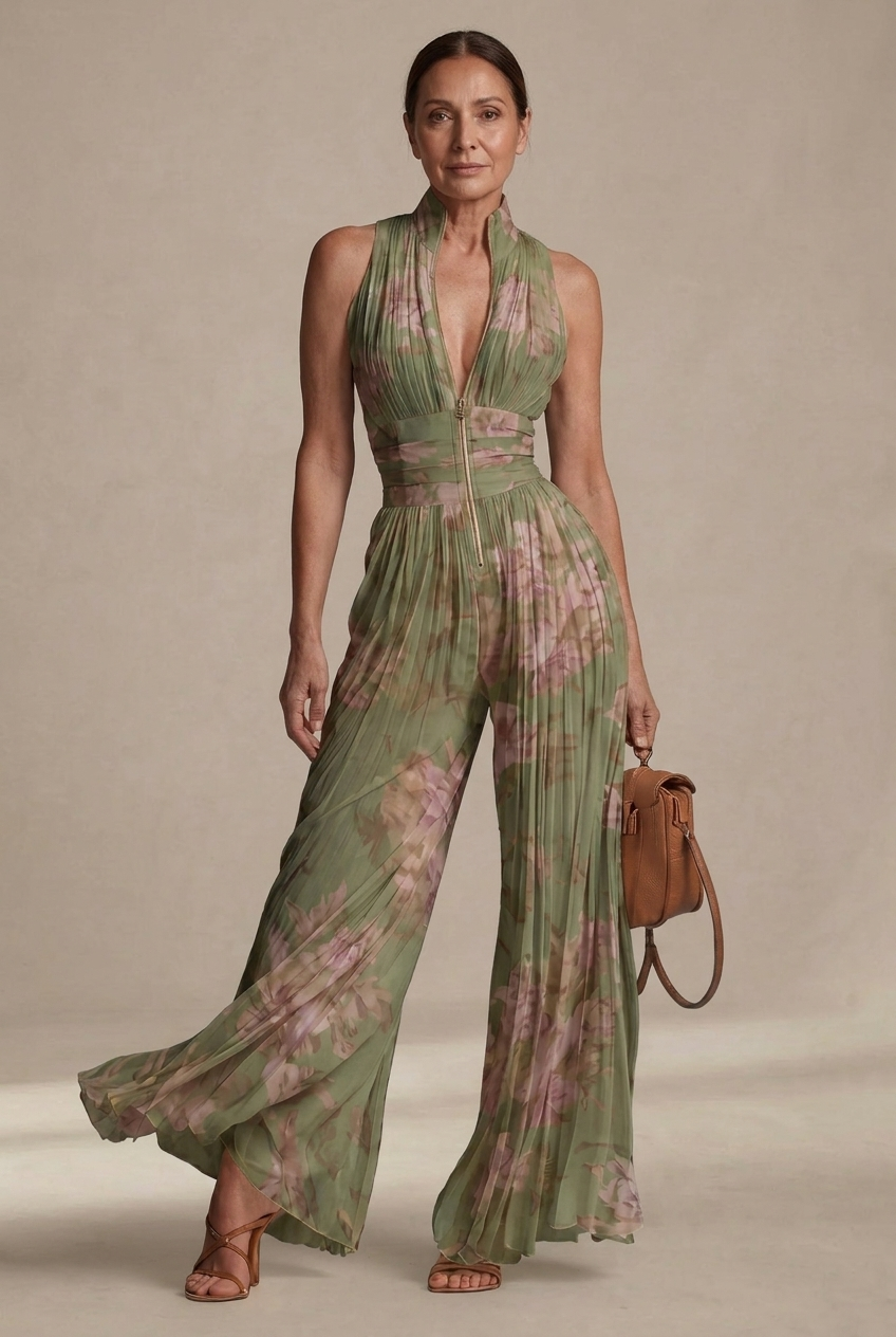 Rosie | Floral Chiffon Jumpsuit with Pleated Design