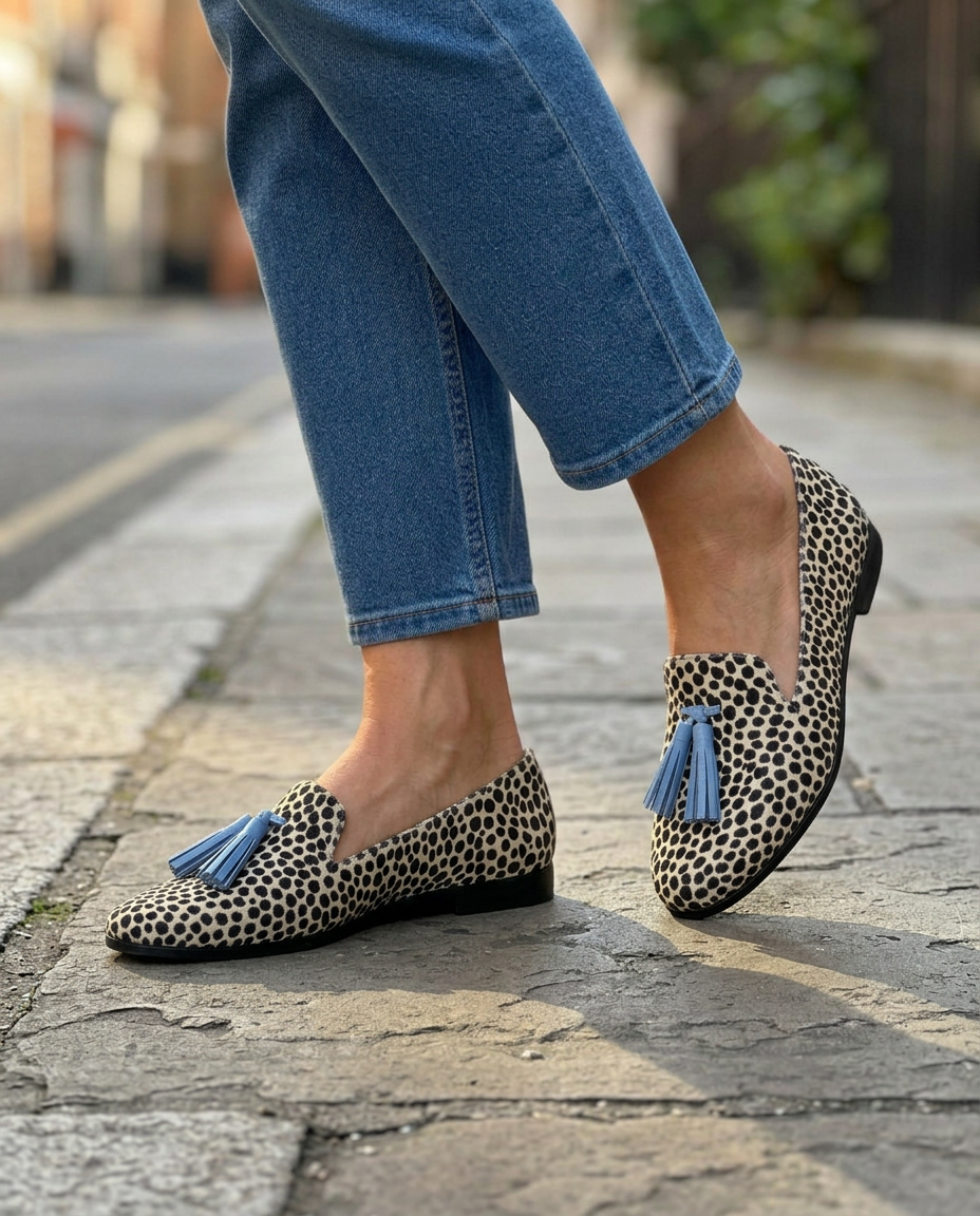 Nadia Moccasins — Black and White Leopard with Light Blue Tassels