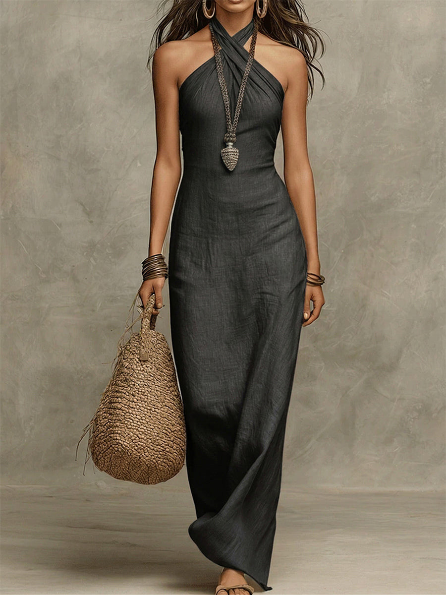 Maxi dress in cotton and linen with American collar