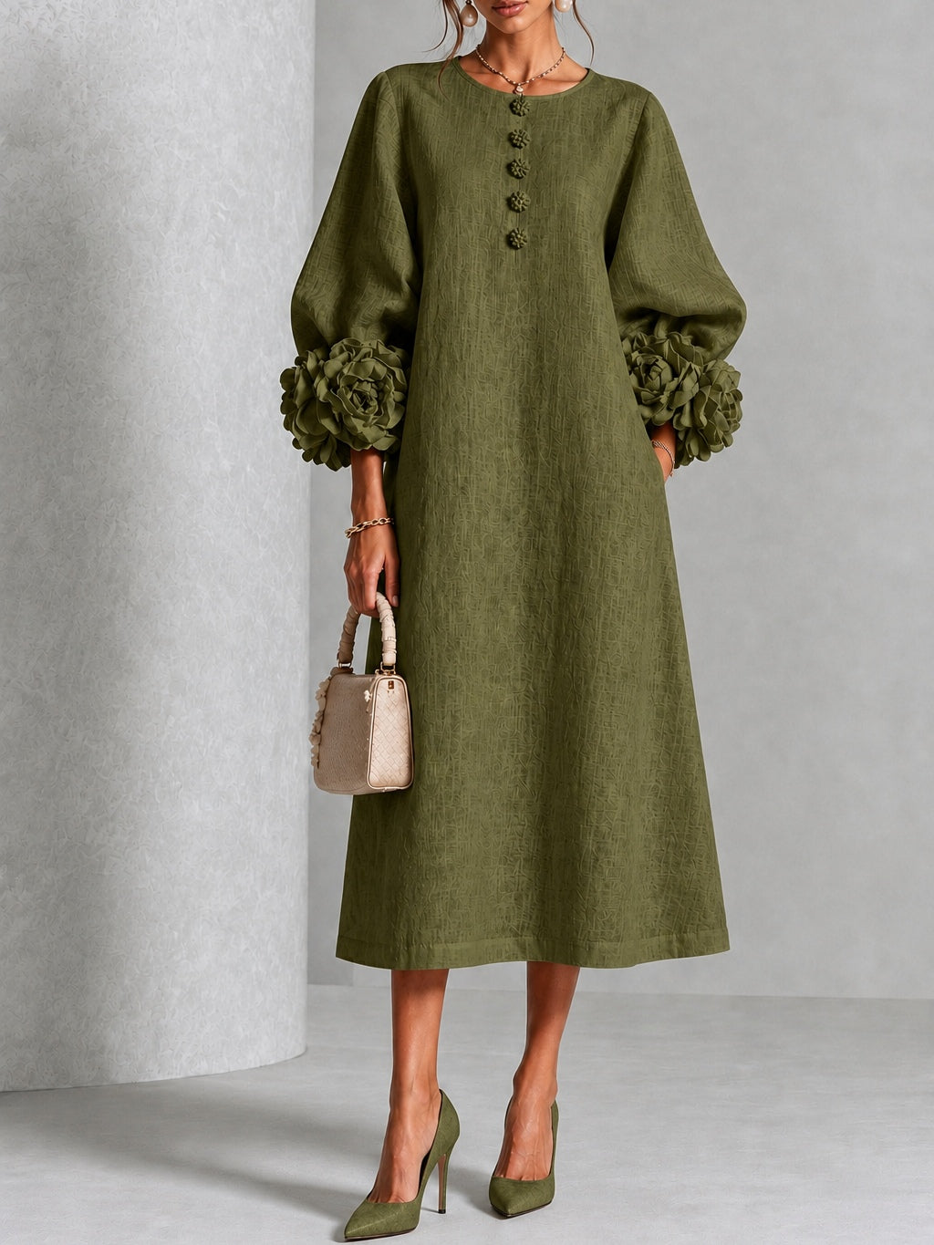 Liliana | Elegant Green Floral Midi Dress