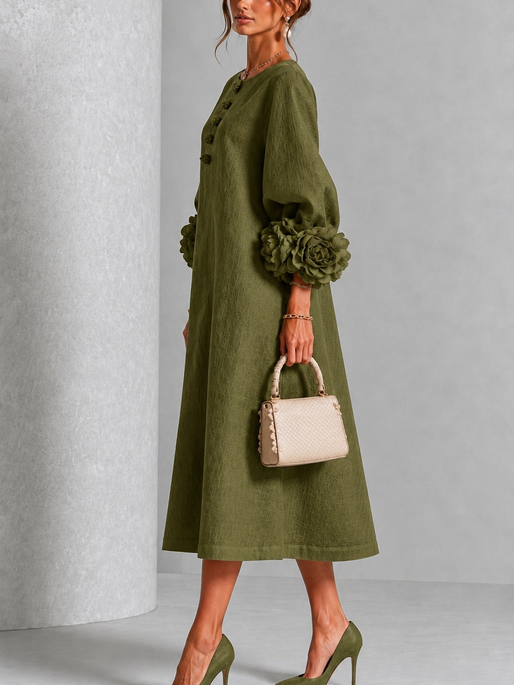 Liliana | Elegant Green Floral Midi Dress