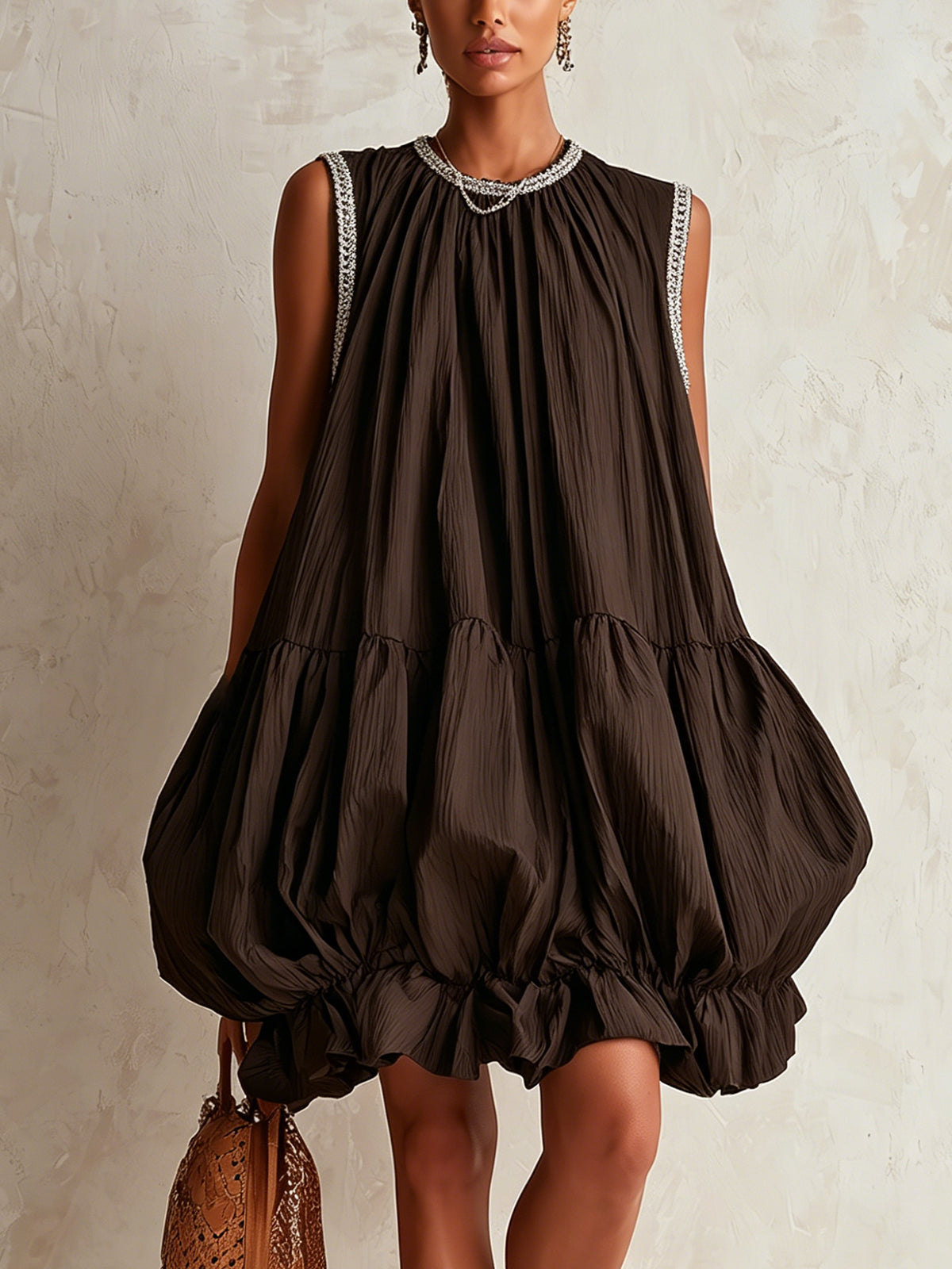 Colette | Brown Puff-Hem Mini Dress