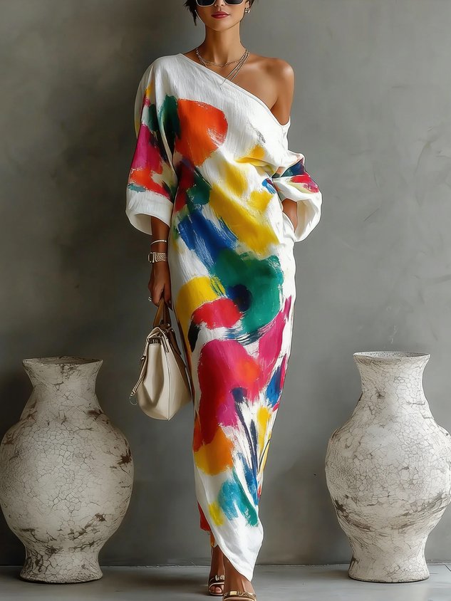 Abstract Printed One-Shoulder Maxi Dress