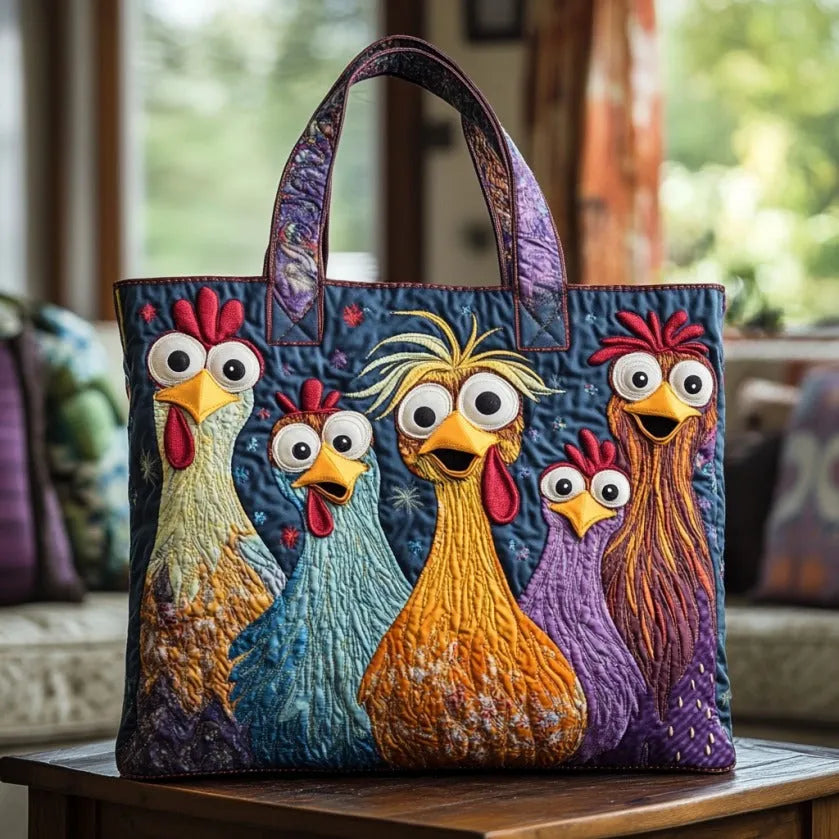 Five Colourful Chickens Quilted Tote Bag