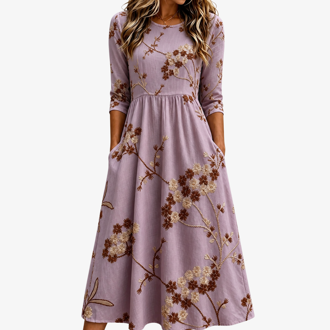 Heather Meadow Floral Midi Dress with Pockets
