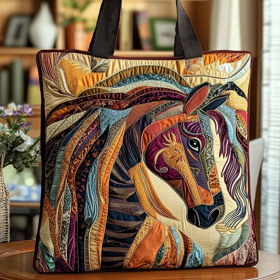 Multicoloured Mosaic Horse Quilted Tote Bag