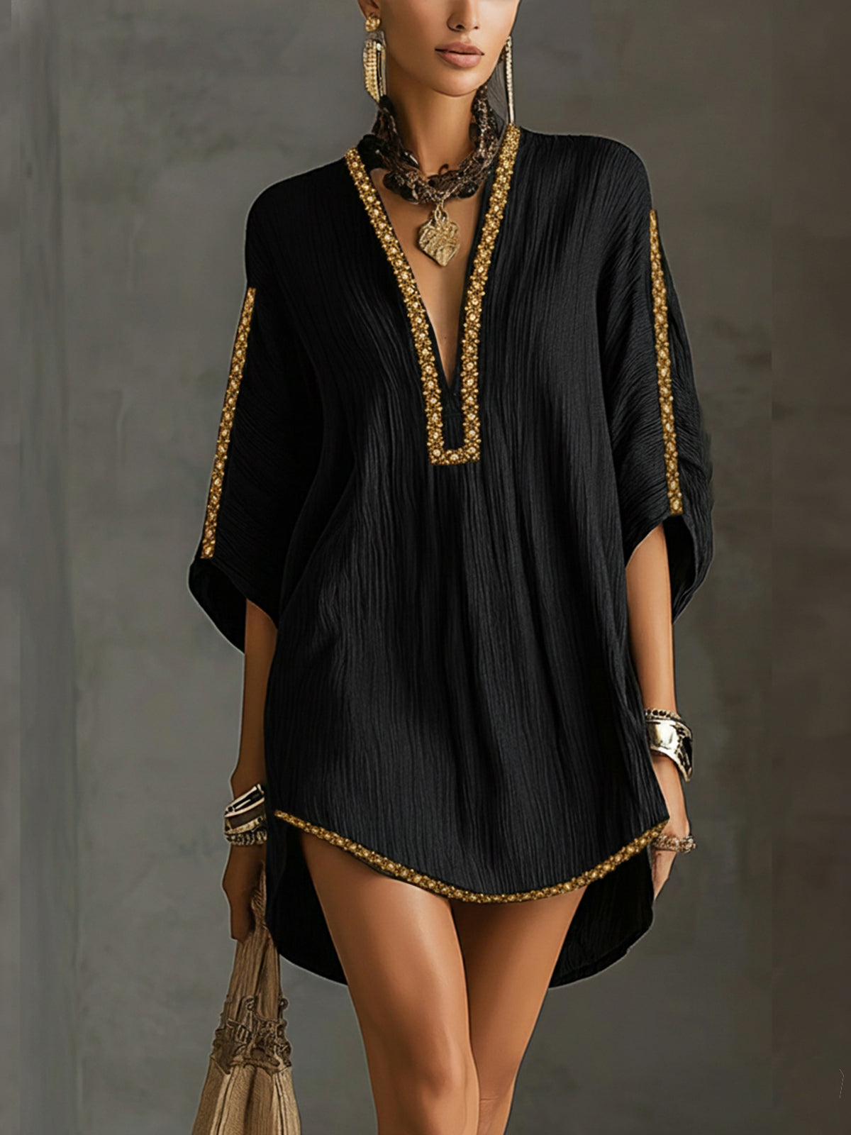 Mirella | Black Kaftan Mini Dress