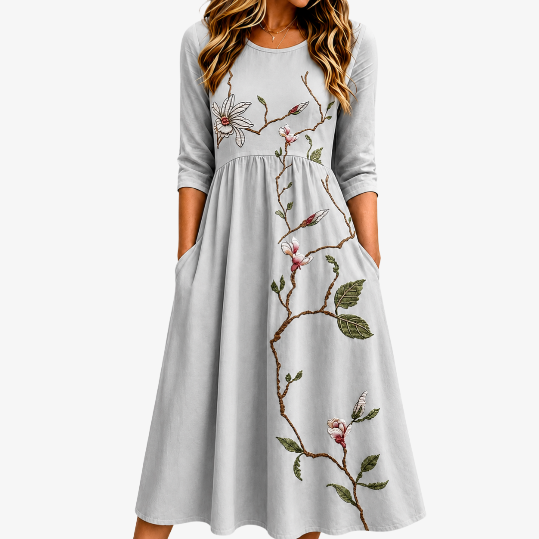 Silver Meadow Flower Midi Dress with Pockets