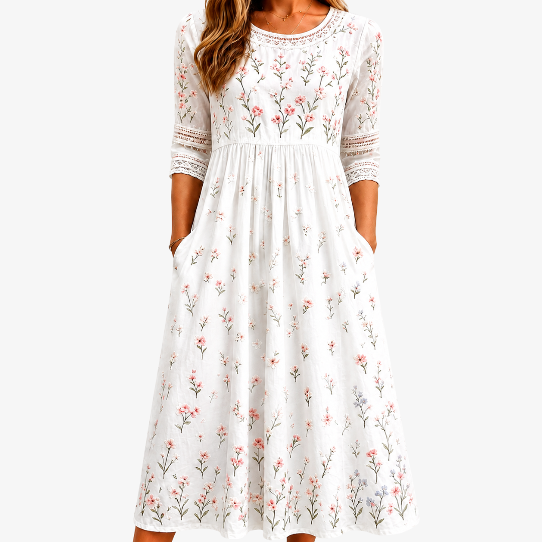 Midi Dress with Pockets and Whispering Flower Pattern