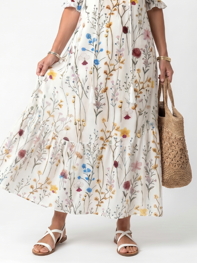 Sylvie | Midi Dress with Ties and Botanical Print