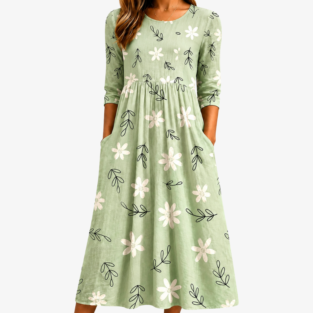 Sage Flower Midi Dress with Pockets