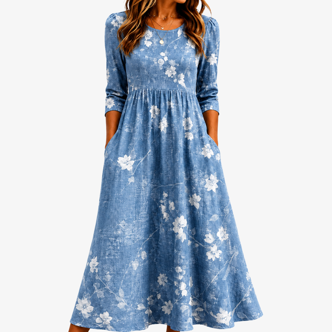 Bluebell Breeze Midi Floral Dress with Pockets