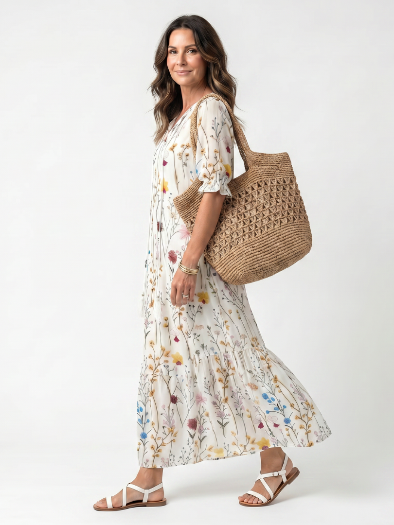 Sylvie | Midi Dress with Ties and Botanical Print