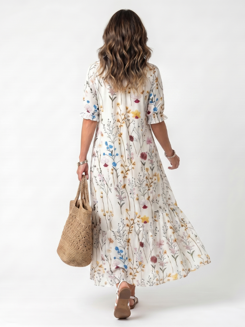 Sylvie | Midi Dress with Ties and Botanical Print