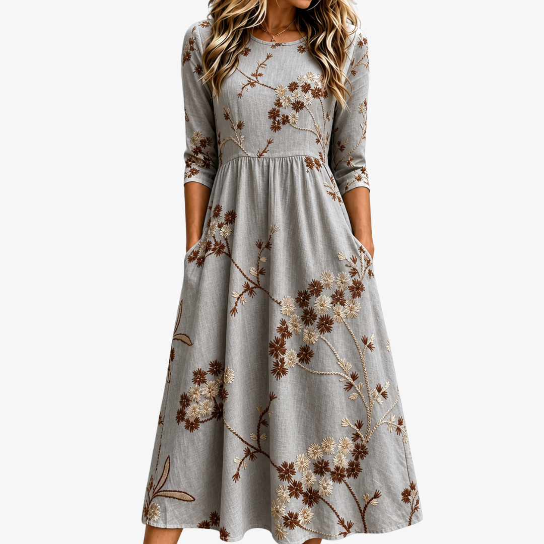 Midi Dress with Pockets and Autumn Floral Pattern